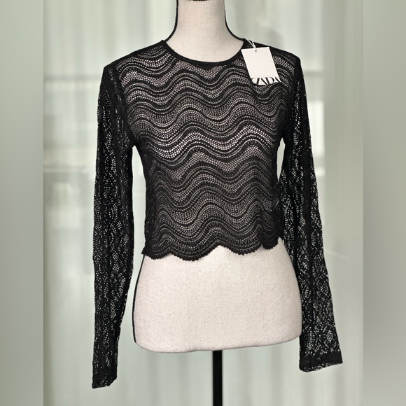 Zara Black Wave Pattern Lace Blouse - Picture 1 of 8